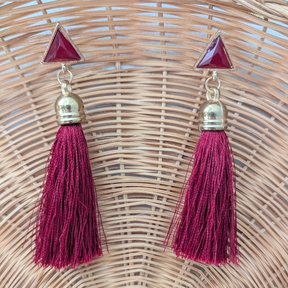 Red Tassel Earrings with Gold Accents - Picture 8 of 9